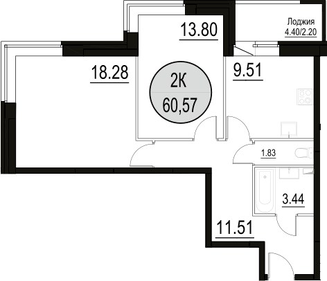 Планировка 60.57 м²