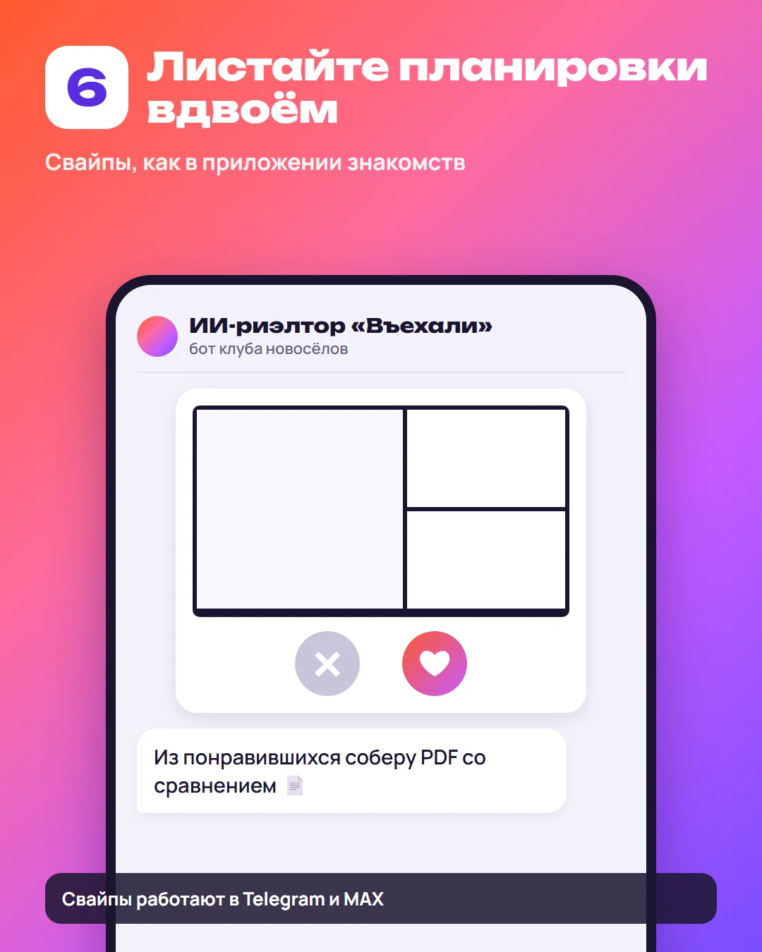Шаг 6: свайпы планировок, из понравившихся бот соберёт PDF со сравнением